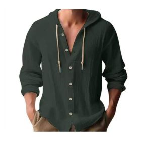 Cotton And Linen Shirt Hooded Sweater Button Long Sleeve (Option: Dark Green-XXL)