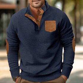 Patch Pocket Jacket Stand Collar Long Sleeve Corduroy Multicolor Hoodie (Option: Navy Blue-S)