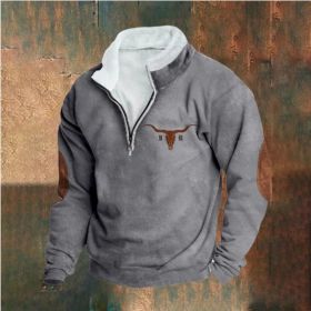 Retro Patchwork Half Cardigan Men's Long-sleeved Sweater (Option: Grey 1-XL)
