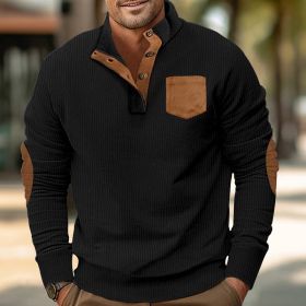 Patch Pocket Jacket Stand Collar Long Sleeve Corduroy Multicolor Hoodie (Option: Black-L)