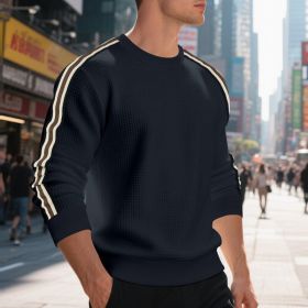 Casual Men's Loose Round Neck Sweater Thin (Option: Navy Blue-L)