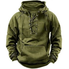 Ins Lace-up Hoodie Casual Sports Pocket Sweatshirt Men's Long-sleeved Top Clothing (Option: Army Green-3XL)