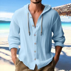Cotton And Linen Shirt Hooded Sweater Button Long Sleeve (Option: Sky Blue-XXXL)