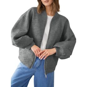 Fisoew Womens Zip Up Sweatshirt Casual Bomber Jacket Lantern Sleeve Oversized Jacket Fall Outfits 2025 (Option: Dark Grey-XL)