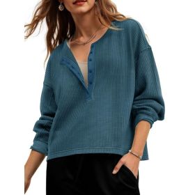 Fisoew Womens Cropped Sweatshirt Casual Waffle Knit Button V Neck Long Sleeve Loose Fit Fall Crop Tops (Option: Bluish Gray-M)