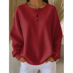 Ins Waffle Long-sleeved T-shirt Fashion Solid Color Buttons Round Neck Pullover Top Women's Clothing (Option: Red-XL)