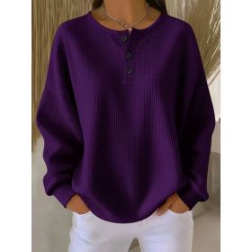 Ins Waffle Long-sleeved T-shirt Fashion Solid Color Buttons Round Neck Pullover Top Women's Clothing (Option: Purple-2XL)